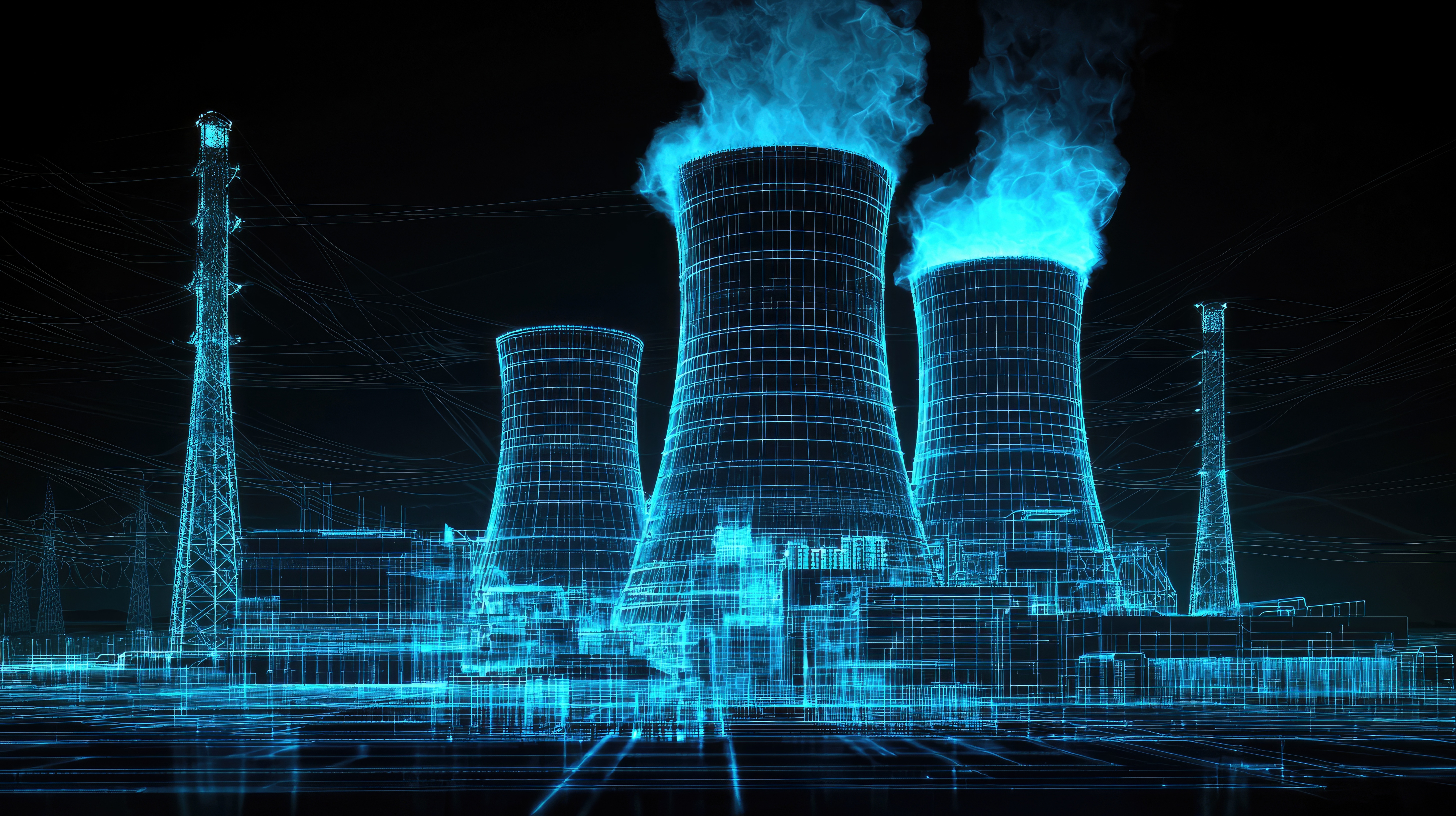 Un rendu d'art numérique de la centrale nucléaire avec des accents bleus, mettant en valeur la production d'énergie et les éléments technologiques dans un style fil de fer. est affiché ci-dessus sur un fond noir, améliorant l'attrait visuel.